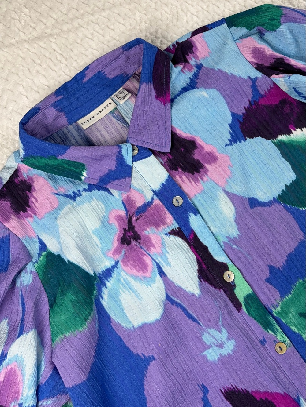 Susan Graver Purple Blue Green Floral Puff Sleeve Button Down Blouse Top Size MP